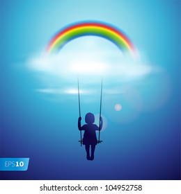 Little girl on a swing under the rainbow in a clouds, vector Eps 10 illustration.