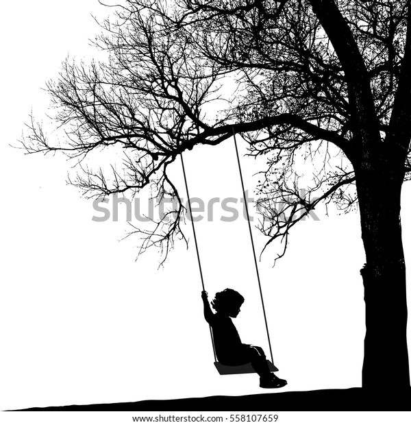 木の下で揺れる少女 木の下で揺れる少女のリアルなシルエット ベクターイラスト Eps10 のベクター画像素材 ロイヤリティフリー