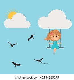 Little girl on the swing. Vector backgrounds with birds, clouds and sun in the sky professionally