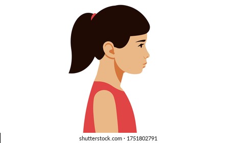 Little girl on white background. Portrait of child in red dress, side view. Little daughter, sister, toddler. Portrait, avatar, person. Modern vector illustration.