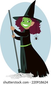 Little Girl On An Wicked Witch Of The West Costume Holding A Mop