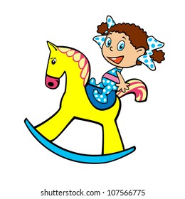 little girl on a yellow toy horse, vector picture isolated on white background, children illustration