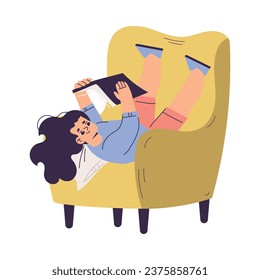 Little Girl with Open Book Lying on Armchair Reading Interested with Story Vector Illustration