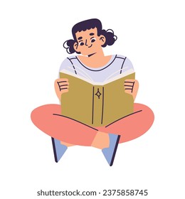 Little Girl with Open Book Sitting Reading Interested with Story Vector Illustration