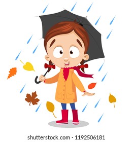 Little girl with open umbrella standing under rain. Happy child wearing warm clothes and rubber boots at rainy day. Cold autumn weather and leaf falling. Seasonal rainfall vector illustration.