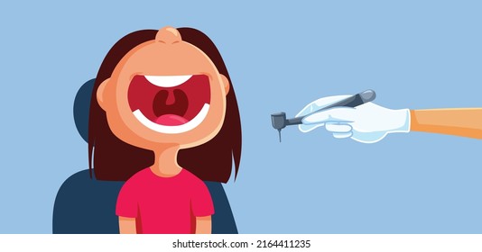 
Niña que abre la boca a boca en la divertida ilustración del vector dentista. Paciente niño acudiendo a la clínica dental para cavidades y dolor de muelas
