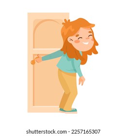 Little Girl Opening Door Playing Hide and Seek Game and Having Fun Vector Illustration