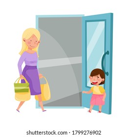 Little Girl Opening Door to Young Woman with Shopping Bags Vector Illustration