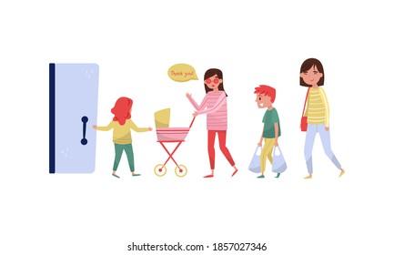 Little Girl Opening Door to Young Woman with Baby Carriage and Boy Carrying Shopping Bags Vector Illustration Set