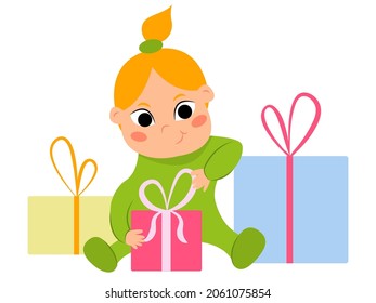 little girl opens a gifts happy baby unpacks a gift giving gifts happy child girl in green clothes opens a gift new year gift christmas gifts child opens a birthday present