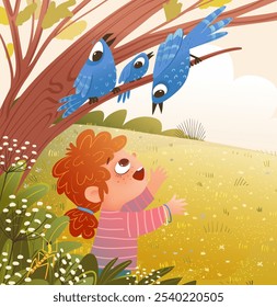 Niña ornitóloga juega en la naturaleza del bosque y estudia aves. Niño cantando con pájaros y jugar en la naturaleza. Aprendizaje de biología infantil y educación en ornitología. Vector niños ilustración de dibujos animados.