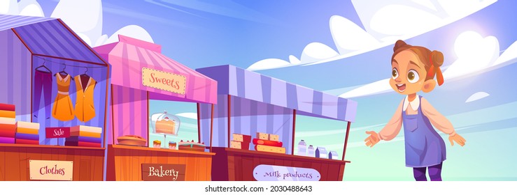 Little girl at outdoor fair with market stalls and booths with striped awning. Child characters at kiosks with clothes, bakery and dairy production, vendor street counters, cartoon vector illustration