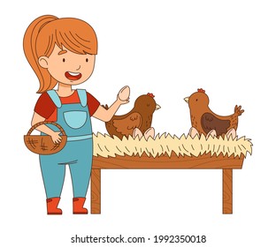 Little Girl in Overall Gathering Hen Eggs in Wicker Basket Vector Illustration