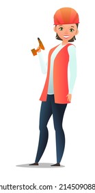 Little girl in overalls. Teen Handyman, locksmith or repairman. Cheerful person. Standing pose. Cartoon comic style flat design. Single character. Illustration isolated on white background. Vector.