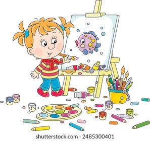 Little girl painter drawing a beautiful tropical fish on her easel with a paintbrush, bright paints and color pencils, vector cartoon illustration isolated on a white background