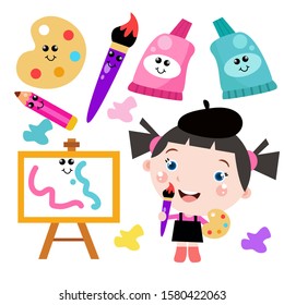 Little Girl Painting activity with tool Cute Cartoon. Children Vector Template Design Illustration