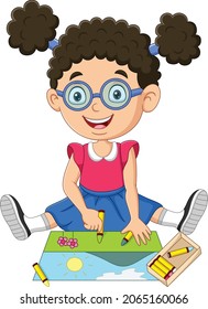 Little girl painting and coloring on a canvas