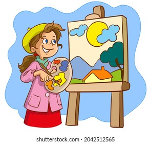 Little girl painting on a canvas  vector illustration