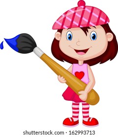 Little girl is painting with paintbrush
