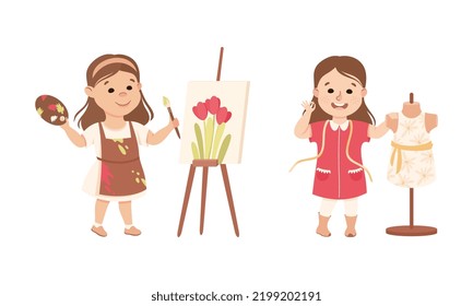 Little Girl Painting Picture With Drawing Easel And Dressmaking Representing Profession Vector Set