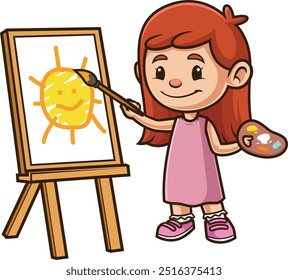 Little girl painting a sun on a canvas vector illustration