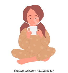 Little girl in pajama drinks hot tea. Cozy home time, hot beverage vector illustration