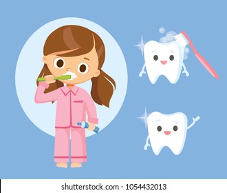 Little girl in pajamas brushing teeth with toothpaste. Picture image symbol of smiling tooth. Dentist dental linik icon.