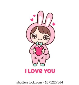 Little girl in pajamas bunny, with heart in hand and text " I love you". Happy Valentine's Day. It can be used for greeting card, poster, mug and other design. Cartoon vector illustration. 