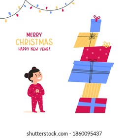 The little girl in pajamas enjoys a large number of gifts. The child is waiting for the New Year. Design for postcards, posters, advertisements. Vector illustration in flat style wih lettering. 