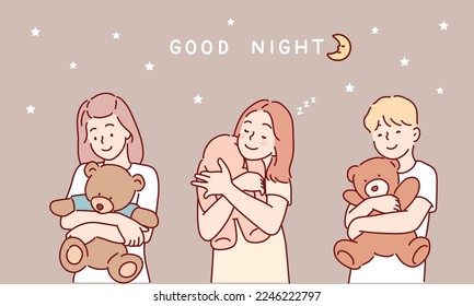 The little girl in pajamas is hugging teddy bear. Hand drawn style vector design illustrations.