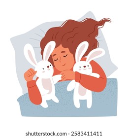 Little girl in pajamas sleeping with plush rabbits. Illustration with texture.Kid lying on pillow under blanket at night.