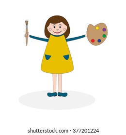 Little girl with palette and brash is a painter or artist in children play area or kindergarten