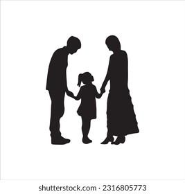 Little girl with parents silhouette vector art