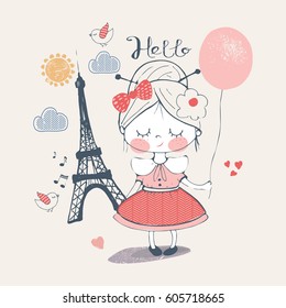  Little girl in Paris. hand drawn vector illustration. can be used for kid's or baby's shirt design, fashion print design, fashion graphic, t-shirt, kids wear,greeting card,invitation card