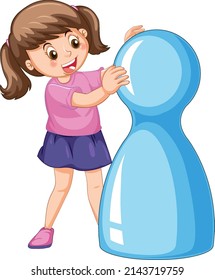 A little girl with pawns on white background illustration