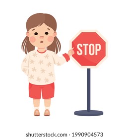 Little Girl Pedestrian Learning Road Sign and Traffic Rule Vector Illustration