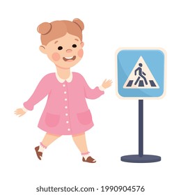 Little Girl Pedestrian Learning Road Sign and Traffic Rule Vector Illustration