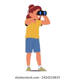 Little Girl Peering Through Binoculars, Discovering A World Magnified. Imagination Soaring, Child Explorer Embraces The Magic Of Distant Sights Unfolding Before Her Curious Gaze. Cartoon Illustration