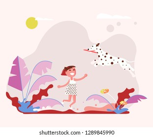 Little girl pet owner plays with her small dog on a walk. Vector illustration eps