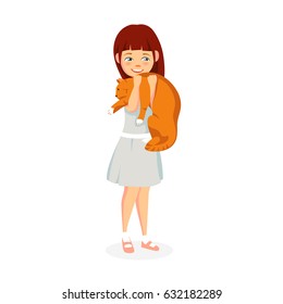 Little girl with pet red cat vector illustration