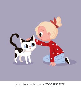 Menina acariciando, abraça seu gatinho sentado no chão. Ilustração plana vetorial.