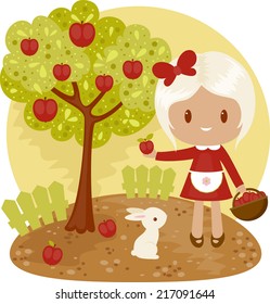 Little girl picking apples from apple tree with white bunny