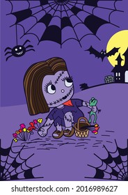 little girl picking flowers,Used in Halloween illustration.