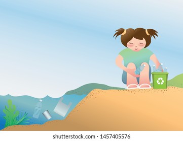 Little Girl picking up garbage to recycle bin on the beach,Keep nature clean concept