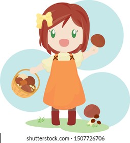 Little Girl Picking up Mushrooms