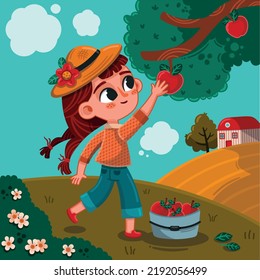 Little girl is picking red apples in a farm. Vector illustration.