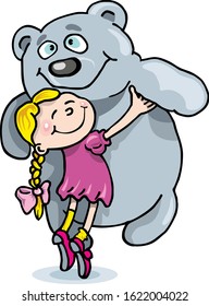 
Little girl with a pigtail in a pink dress with her hands hugs a big teddy bear