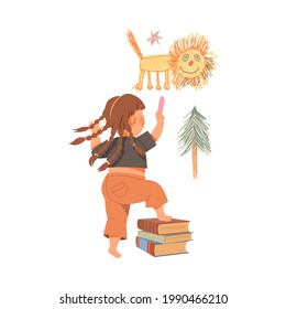 Little Girl with Pigtails Leaning on Books Drawing Lion on the Wall with Crayon Vector Illustration