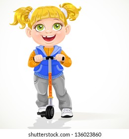 Little girl with pigtails on scooter isolated on a white background