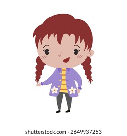 Little girl with pigtails in a purple cardigan vector illustration on white background